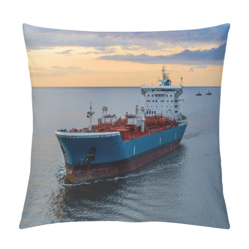 Personality  Tanker At Sea, Aerial View. Large Blue And White Ship In The Bay At Sunset. Pillow Covers