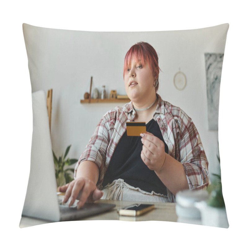 Personality  A Woman With Pink Hair Uses Her Laptop And Credit Card To Make A Purchase. Pillow Covers