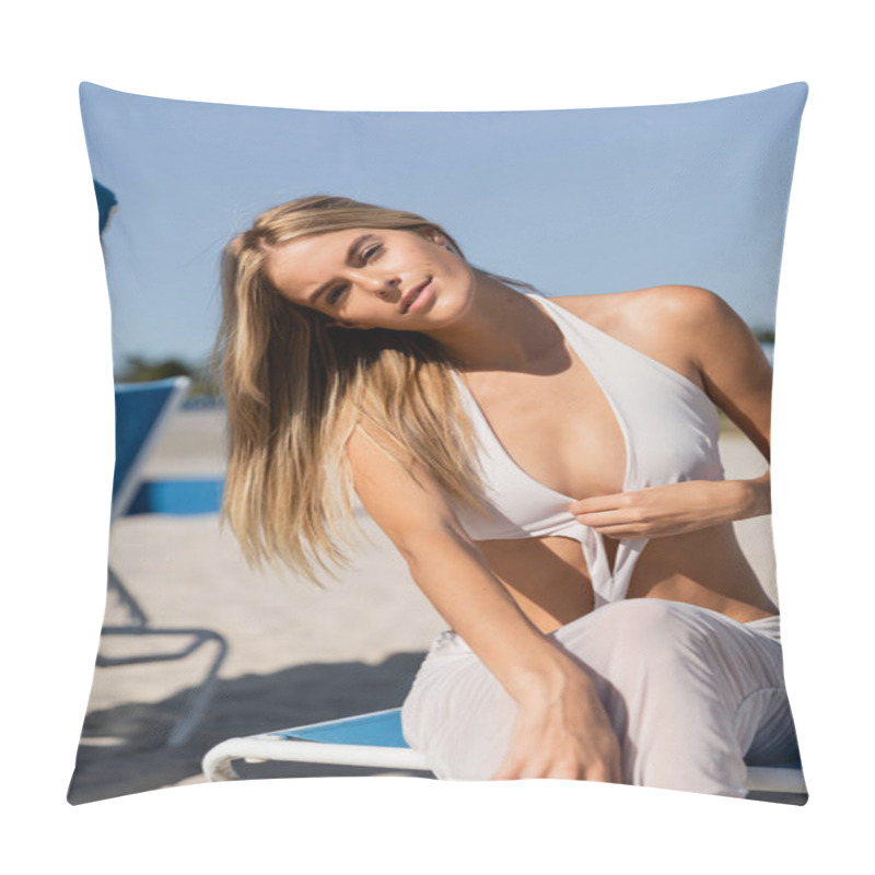 Personality  Young, Beautiful Blonde Woman In A White Bikini Sitting On A Beach Chair, Enjoying The Sun And Serenity Of Miami Beach. Pillow Covers