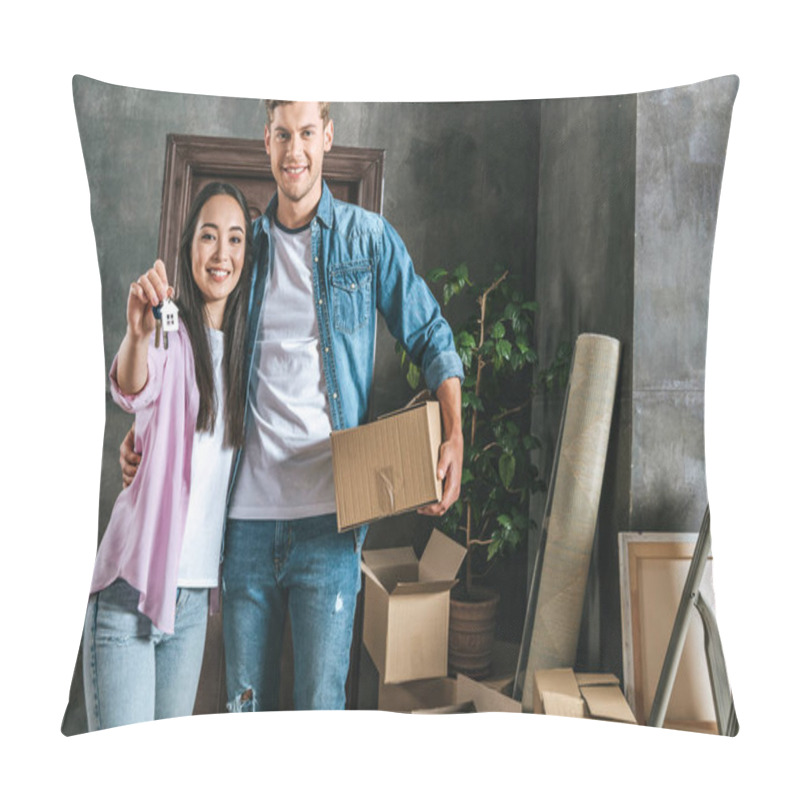 Personality  Happy Young Couple With Boxes And Key Moving Into New Home Pillow Covers