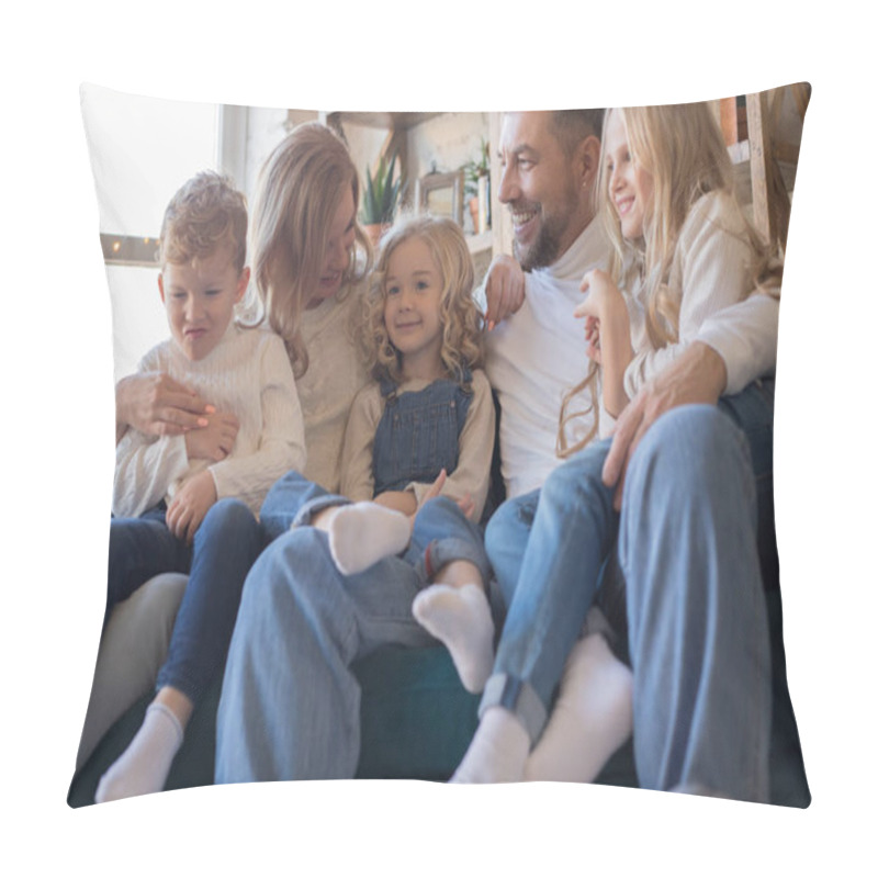 Personality  Happy Family Is Sitting On The Sofa And Having Fun. Pillow Covers