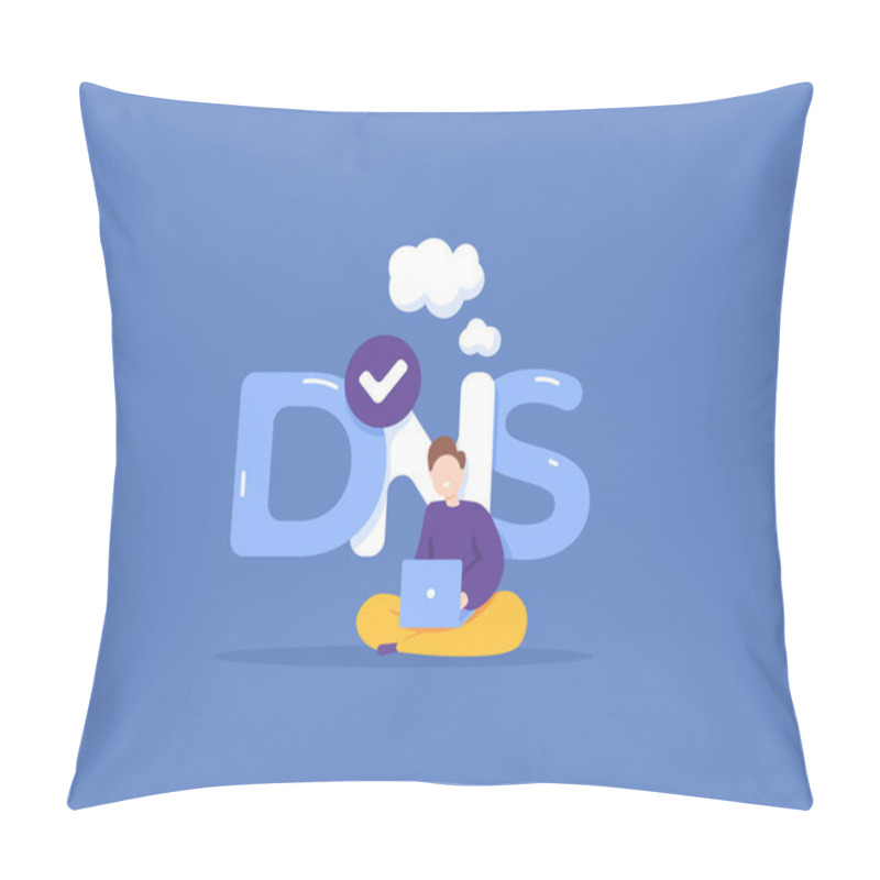 Personality  DNS Or Domain Name System. Explore The Virtual World With The Internet. A Man Using A Laptop And Using A Public Dns Server. Secure Network And Technology. Illustration Concept Design. Graphic Elements Pillow Covers