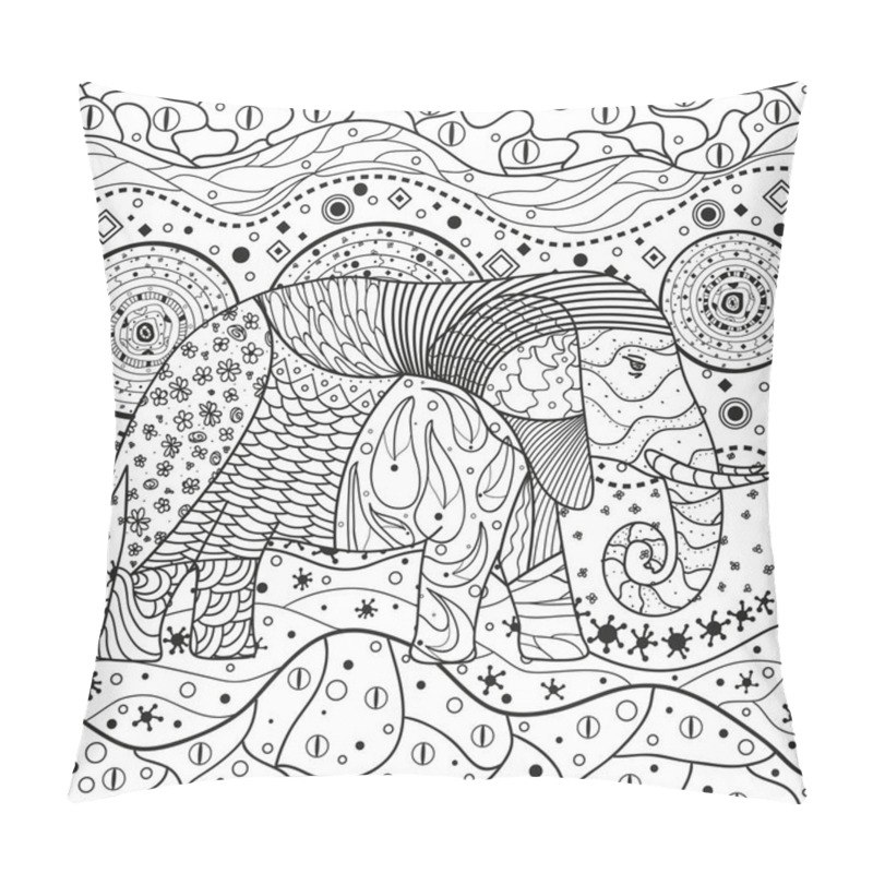 Personality  Abstract Eastern Pattern. Elephant On Square Mandala. Hand Drawn Animal With Tribal Patterns On Isolation Background. Design For Spiritual Relaxation For Adults. Black And White Illustration Pillow Covers