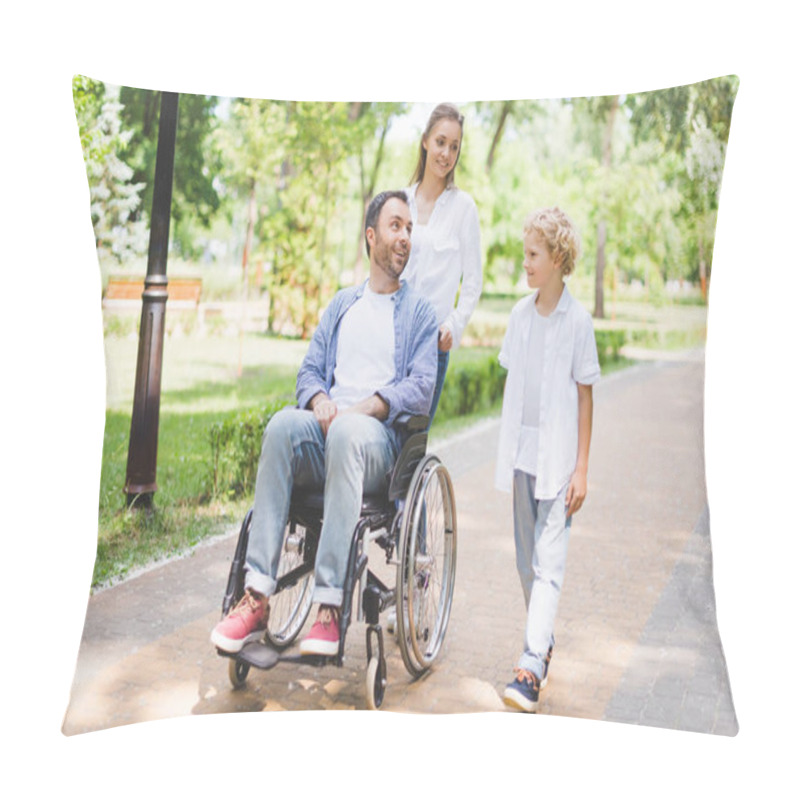 Personality  Mother And Adorable Son With Disabled Father On Wheelchair In Park Pillow Covers