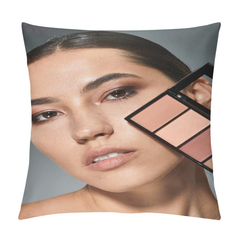 Personality  The Woman Displays Her Captivating Features While Holding A Makeup Palette. Pillow Covers