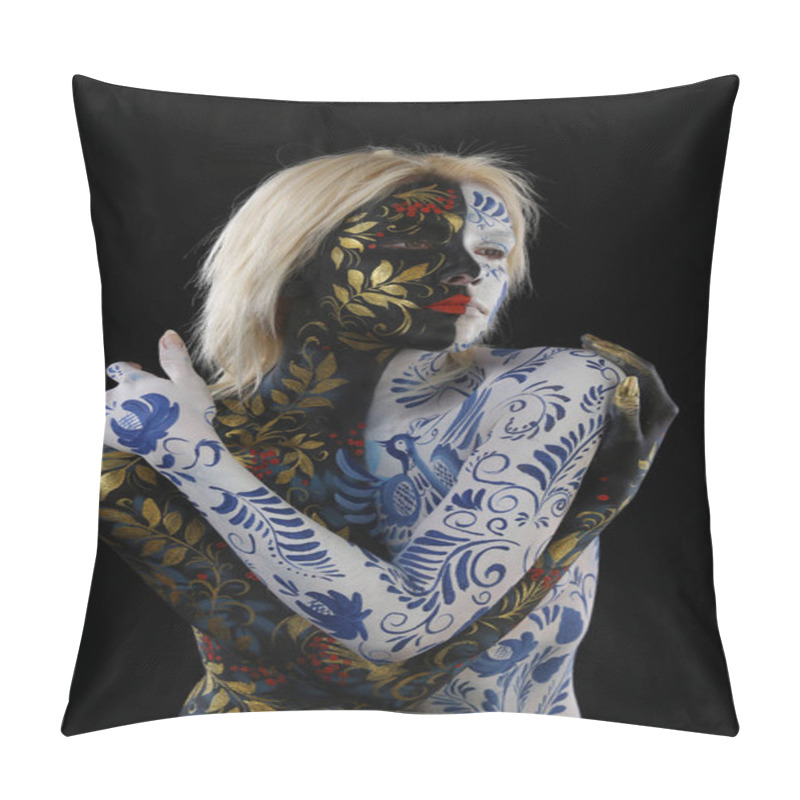 Personality  Body Art Portrait Of A Girl In The Style Of Khokhloma And Gzhel On A Black Background Studio Pillow Covers