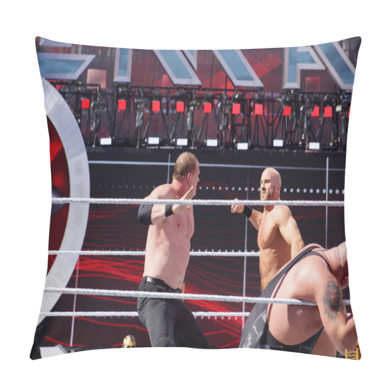 Personality  Santa Clara, California - March 29, 2015: WWE Wrestler Kane Sets To Puts Hand Around Neck Of Cesaro To Setup For A Chokeslam During Andre The Giant Battle Royal 2015 At Wrestlemania 31 At The Levi's Stadium. Pillow Covers