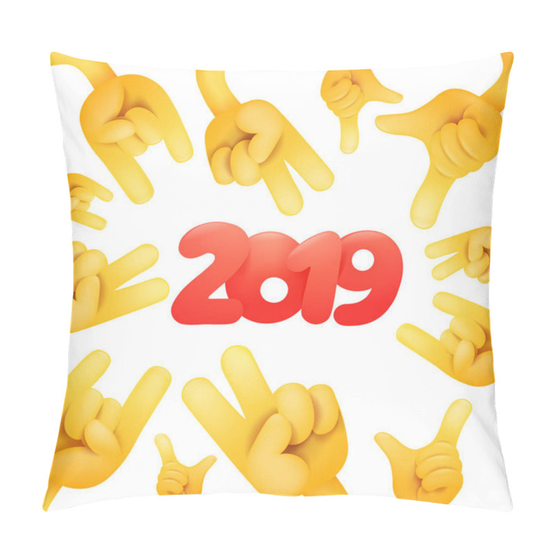 Personality  2019 Happy New Year Card Design With Yellow Emoji Hands Vector Illustration Pillow Covers