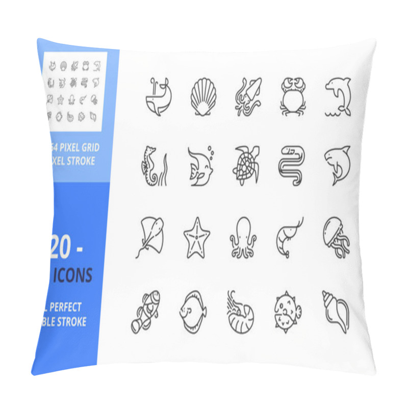 Personality  Line Icons About Sea Animals. Contains Such Icons As Octopus, Tropical Fish, Whale, Clownfish, Dolphin, Shark, Seahorse, Crab And Clam. Editable Stroke. Vector - 64 Pixel Perfect Grid Pillow Covers