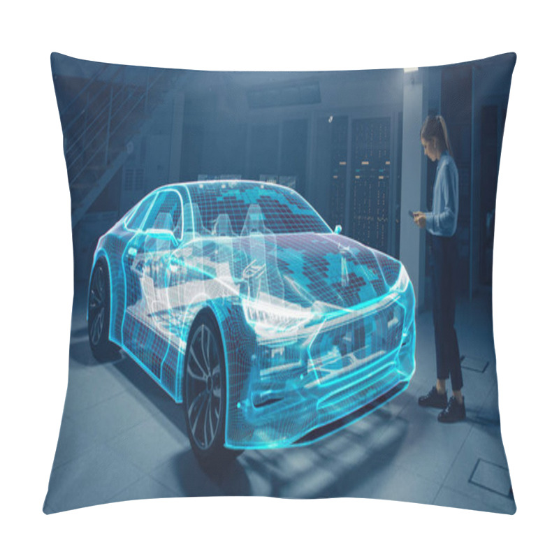 Personality  Female Automotive Engineer Uses Digital Tablet With Augmented Reality For Car Design Editing And Improvement. 3D Graphics Visualization Shows Fully Developed Vehicle Prototype Analysed And Optimized Pillow Covers