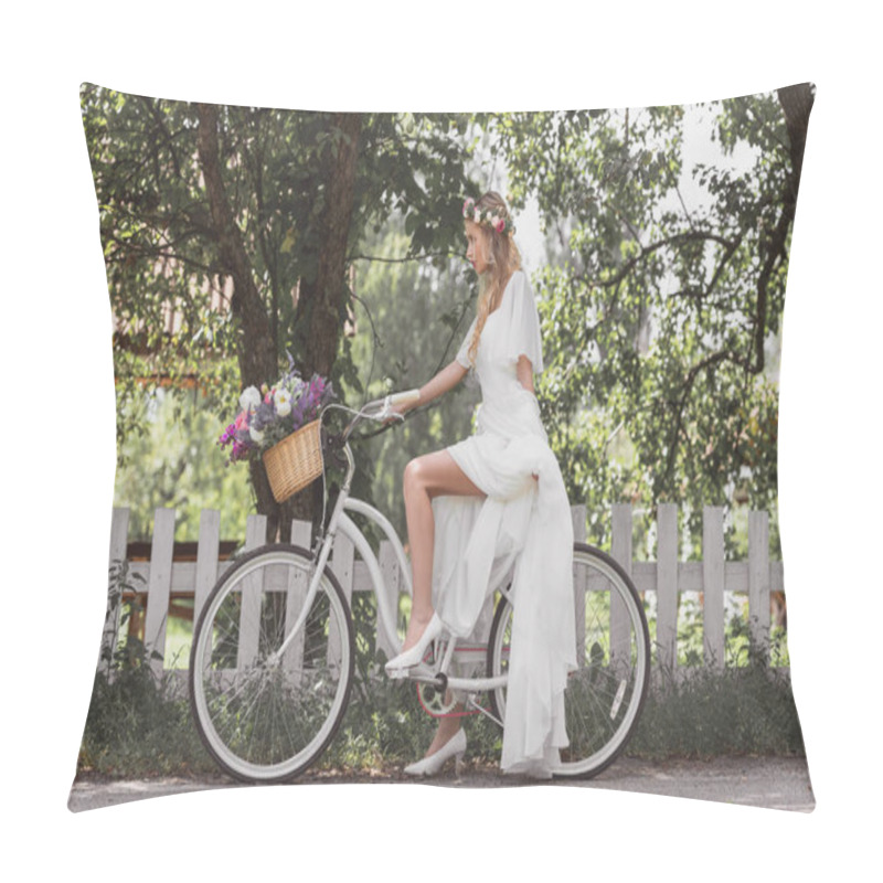 Personality  Side View Of Beautiful Young Bride In Wedding Dress Riding Bicycle And Looking Away Pillow Covers