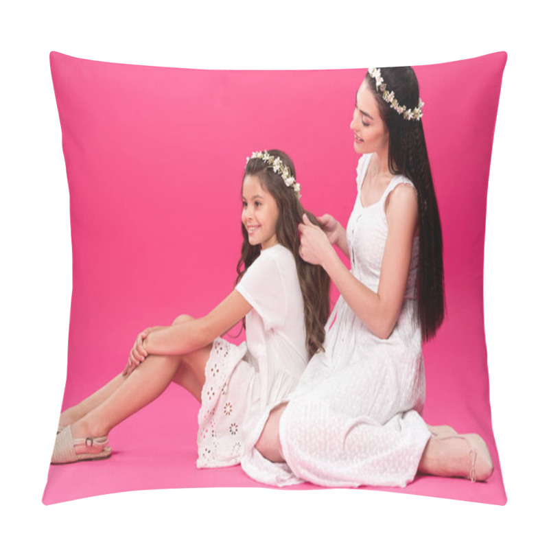 Personality  Happy Young Mother Plaiting Braid To Beautiful Smiling Daughter On Pink Pillow Covers