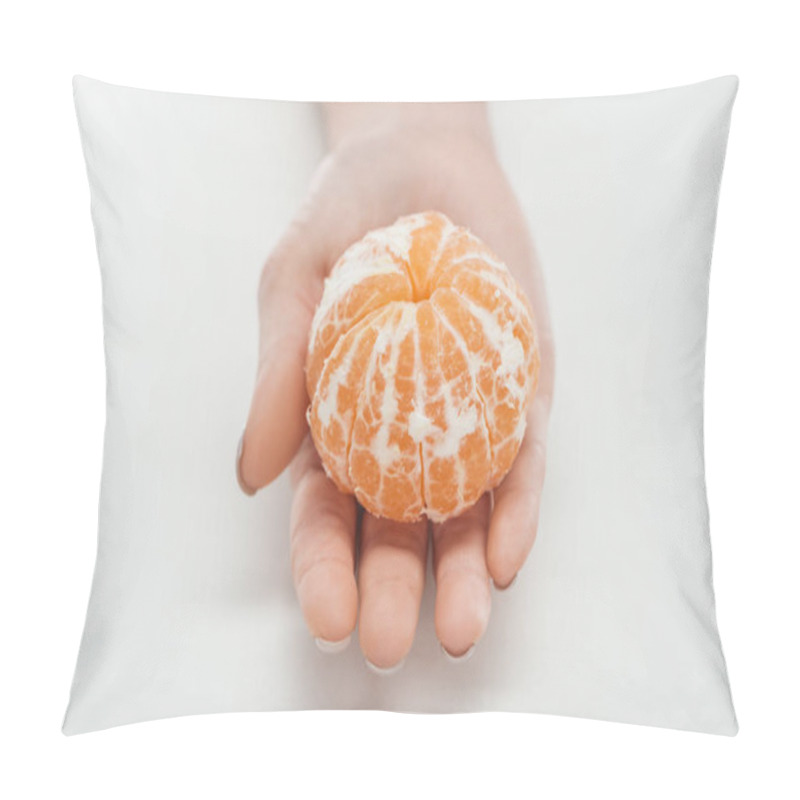 Personality  Cropped View Of Woman Holding Ripe Whole Peeled Tangerine On White Background Pillow Covers