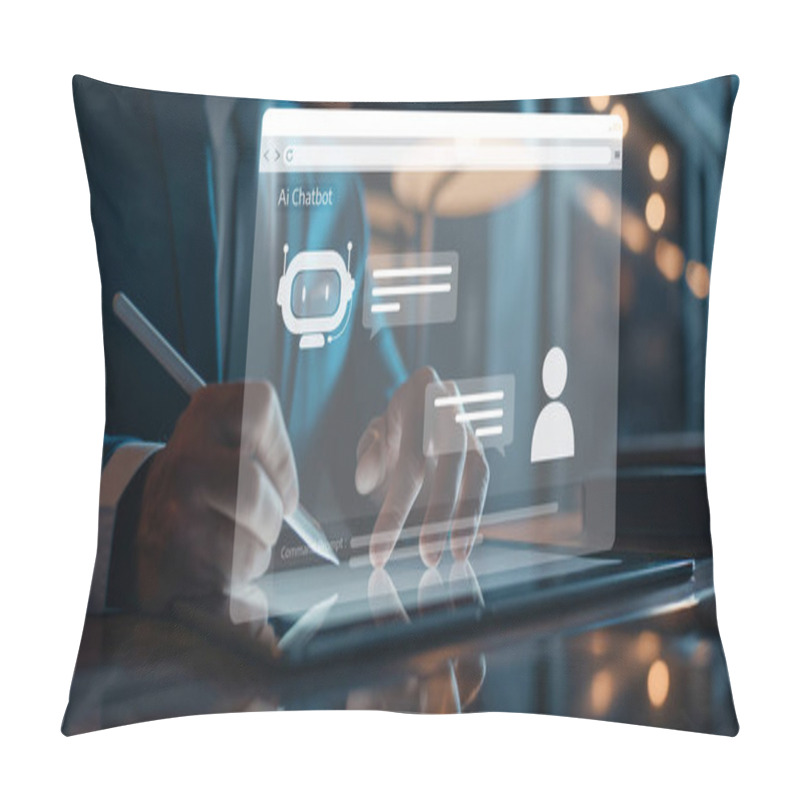 Personality  Human Interact With AI Artificial Intelligence Virtual Assistant Chatbot In Concept Of AI Artificial Intelligence Prompt Engineering, LLM AI Deep Learning To Use Generative AI For Work Support. EIDE Pillow Covers