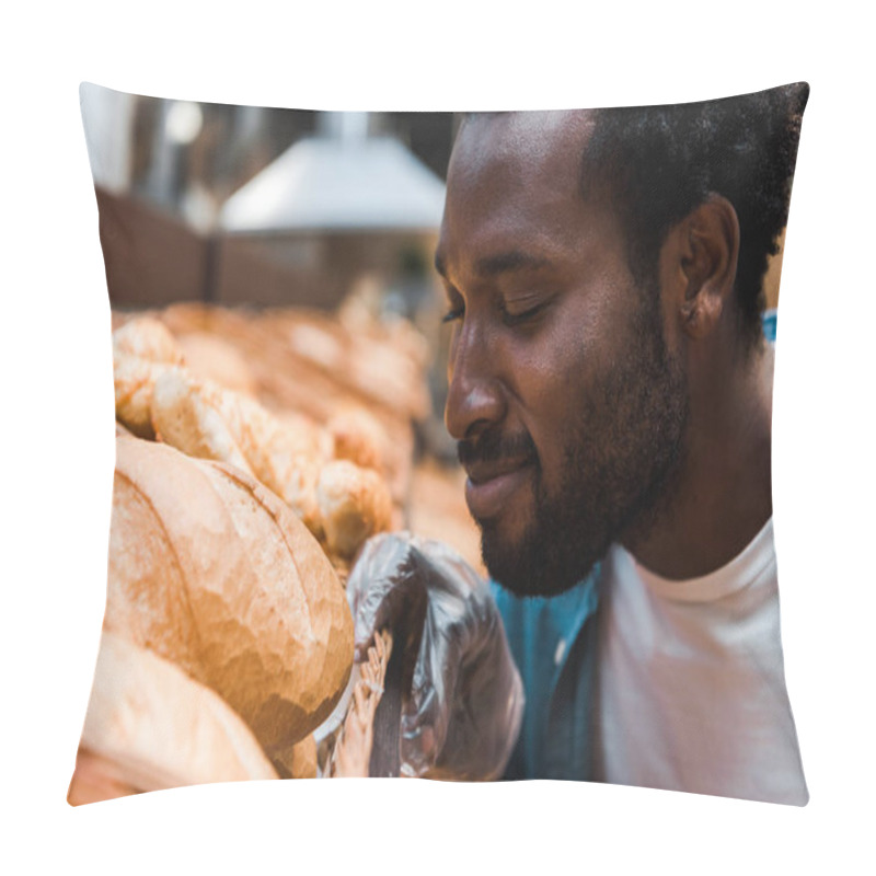 Personality  Selective Focus Of Happy African American Man Smelling Fresh Bread In Supermarket  Pillow Covers