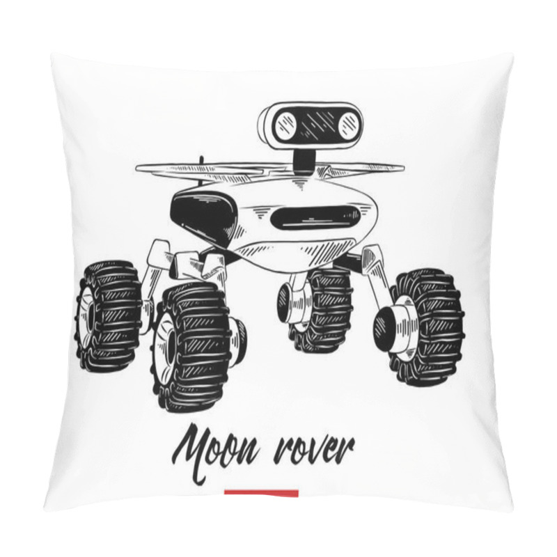 Personality  Vector Engraved Style Illustration For Posters, Decoration And Print. Hand Drawn Sketch Of Moon Rover In Black Isolated On White Background. Detailed Vintage Etching Style Drawing. Pillow Covers