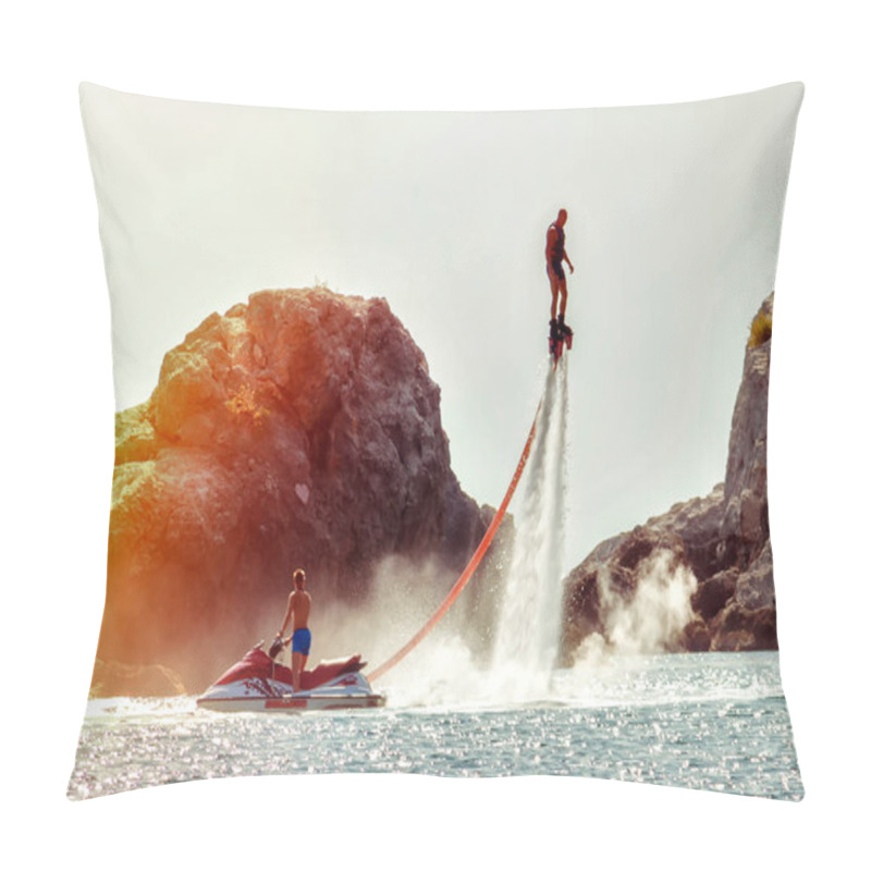 Personality  Man Rides On Flaybord The Sea. Sunny Autumn Day. Side View. Side View. Crimea, Sudak - 10 October 2020. Pillow Covers