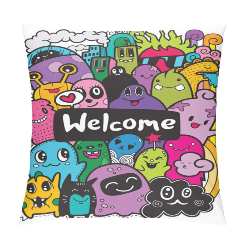 Personality  Hipster Hand Drawn Crazy Doodle Monster City,drawing Style.Vector Illustration. Pillow Covers