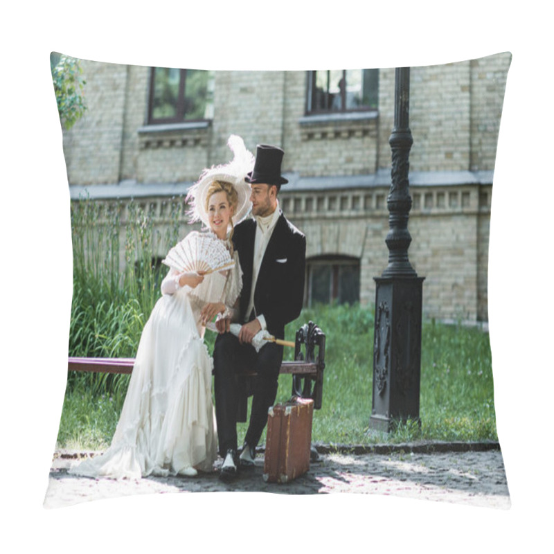 Personality  Cheerful Woman Holding Fan While Sitting With Handsome Victorian Man On Bench  Pillow Covers