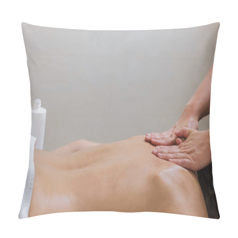 Personality  Masseur Applying Massage Lotion Cream On Young Woman's Back At Beauty Spa Salon. Pillow Covers