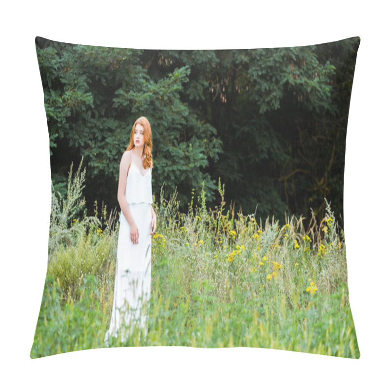 Personality  Selective Focus Of Beautiful Redhead Girl In White Dress Standing In Field With Wildflowers  Pillow Covers