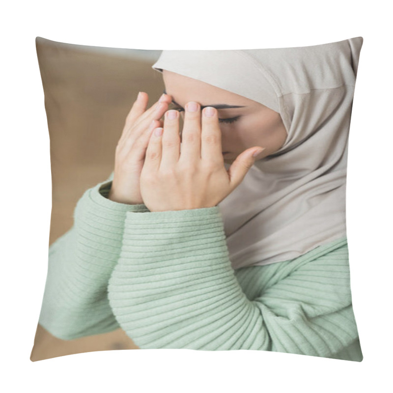 Personality  Young Arabian Woman Holding Hands Near Face While Praying At Home  Pillow Covers