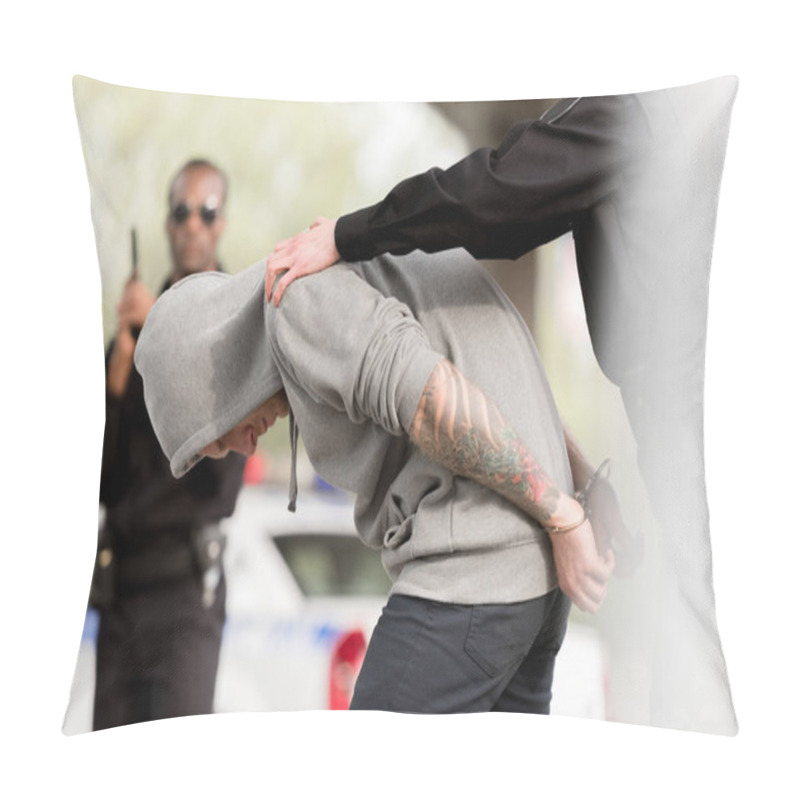 Personality  Cropped Shot Of Policewoman Arresting Male Criminal In Handcuffs While Partner Standing With Handgun Behind  Pillow Covers