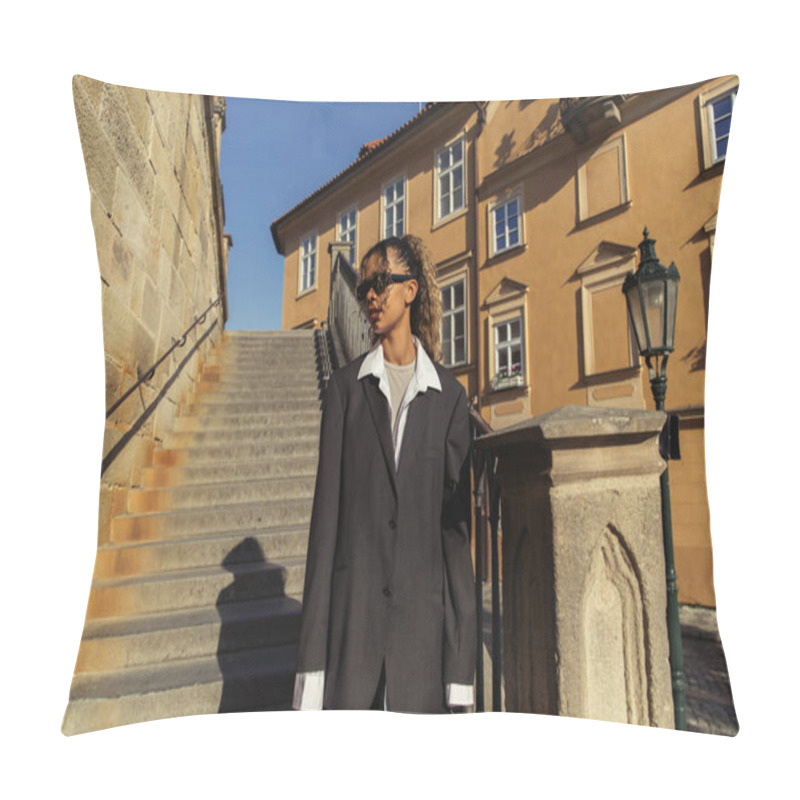 Personality  Stylish African American Woman In Sunglasses And Oversize Suit Standing Near Stairs On Street In Prague  Pillow Covers