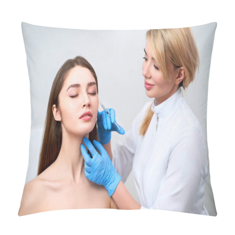 Personality  Beautician Doctor With Botulinum Toxin Syringe Making Injection To To Remove Crows Feet. Cheek Volume Enhance Mesotherapy. Anti-aging Treatment And Face Lift In Cosmetology Clinic. Pillow Covers