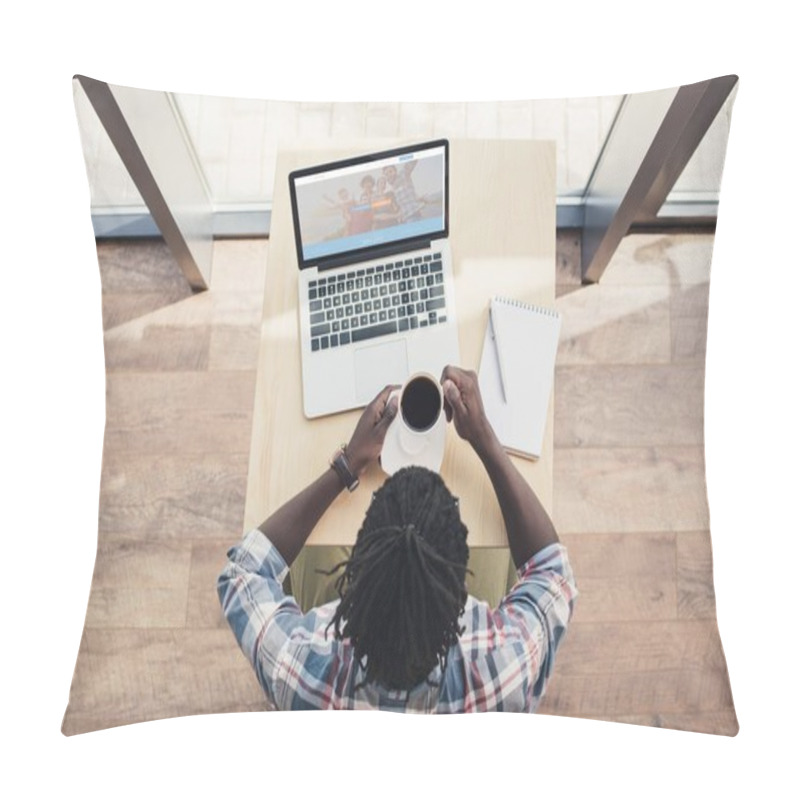 Personality  Overhead View Of African American Man Drinking Coffee And Using Laptop With Couchsurfing Website Pillow Covers