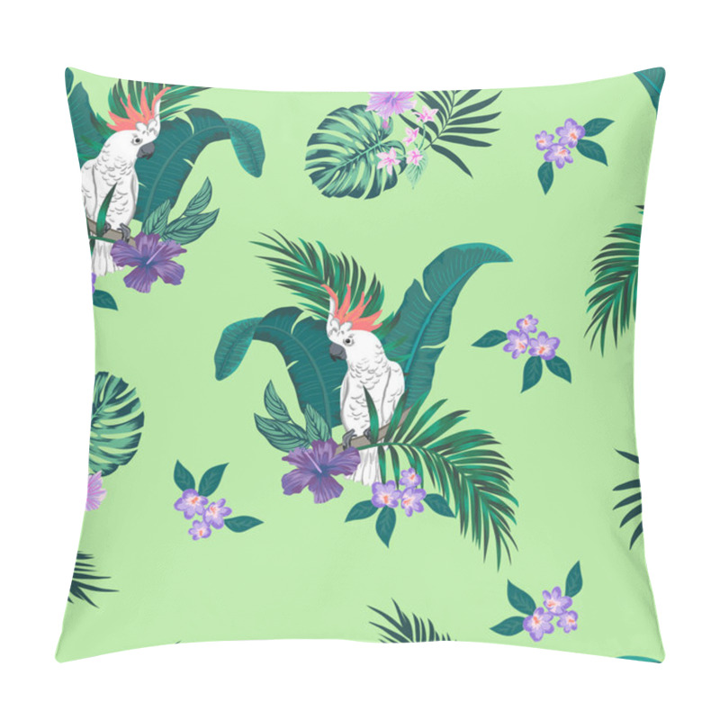 Personality  Vector Seamless Botanical Tropical Pattern With Parrots And Flowers. Floral Exotic Background Design With Banana Leaf, Areca Palm Leaves, Monstera Leaves, Hibiscus Flowers, Frangipani. Pillow Covers