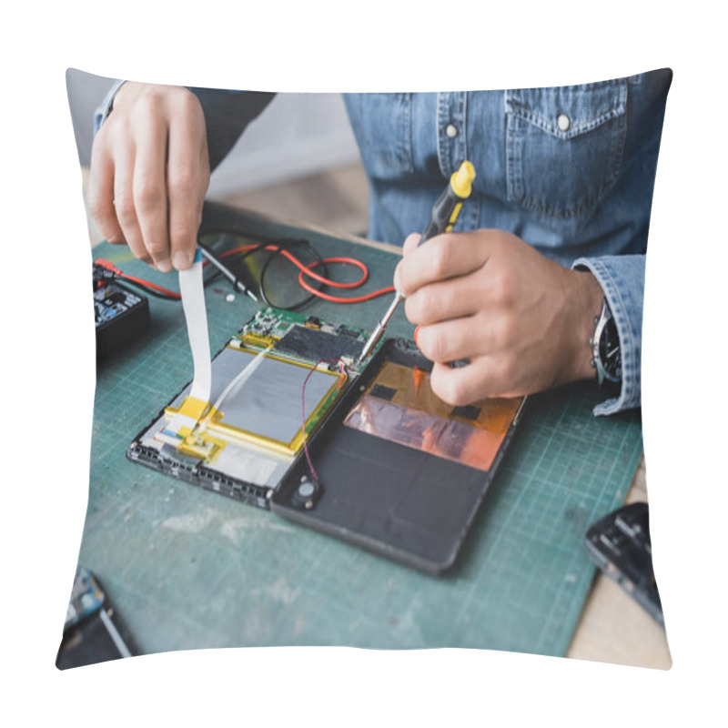 Personality  Close Up View Of Hands Of Repairman With Flex Cable And Screwdriver Near Disassembled Digital Tablet With Multimeter On Workplace Pillow Covers