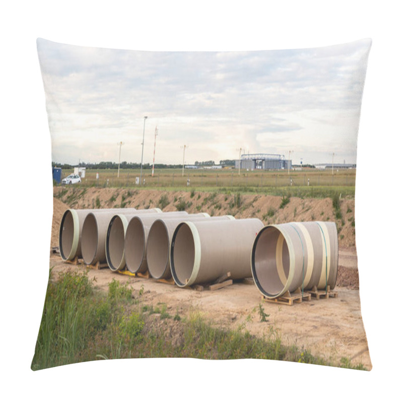 Personality  Stack Of Big Frp Composite Fiberglass Plastic Sewage Pipes At Warehouse Construction Site Near Leipzig Halle Airport Against Blue Sky Background. Highway Road Construction Infrastructure Earthworks. Pillow Covers