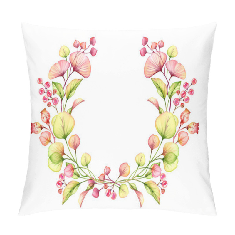 Personality  Watercolor Transparent Floral Arrangement Round Wreath Of Berries, Leaves, Branches In Pastel Pink, Green Orange Red Coral Botanical Illustration Isolated Logo Wedding Design Elements Pillow Covers