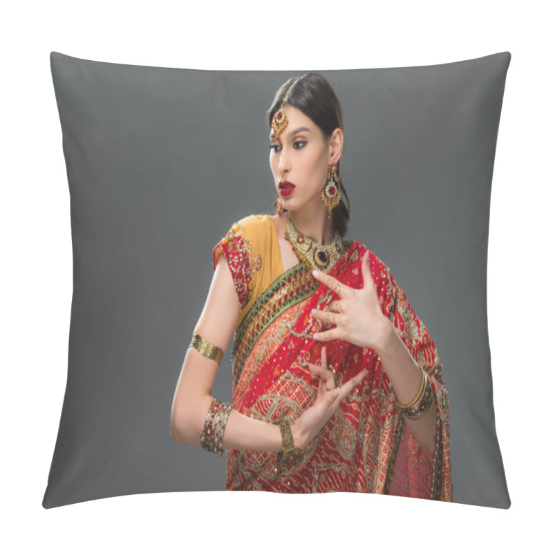 Personality  Attractive Indian Woman Gesturing In Sari And Accessories, Isolated On Grey  Pillow Covers