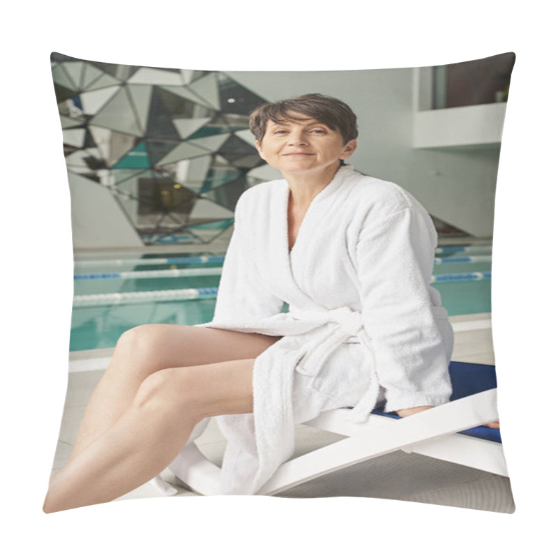 Personality  Middle Aged Woman Sitting On Lounger, White Robe, Spa Center, Indoors, Swimming Pool, Vertical Pillow Covers