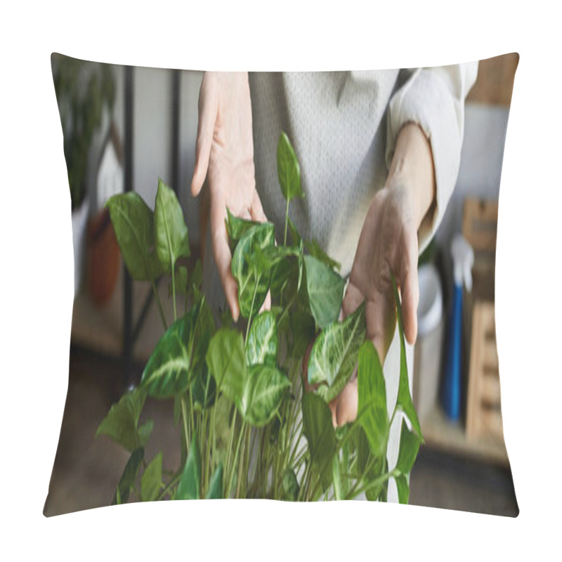 Personality  Mature Woman Tends To Her Thriving Plants, Surrounded By A Nurturing Environment. Pillow Covers