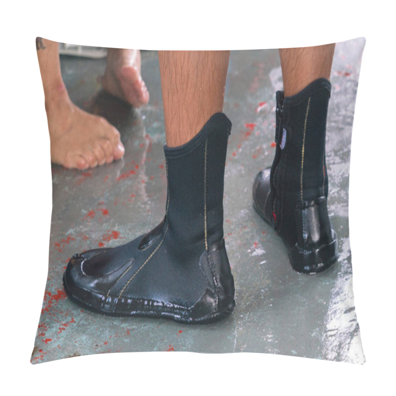 Personality  Neoprene Diving Boots On The Feet Of The Diver. Pillow Covers