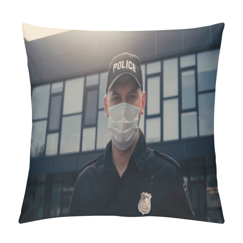 Personality  Police Officer In Medical Mask And Uniform Looking At Camera Near Building  Pillow Covers