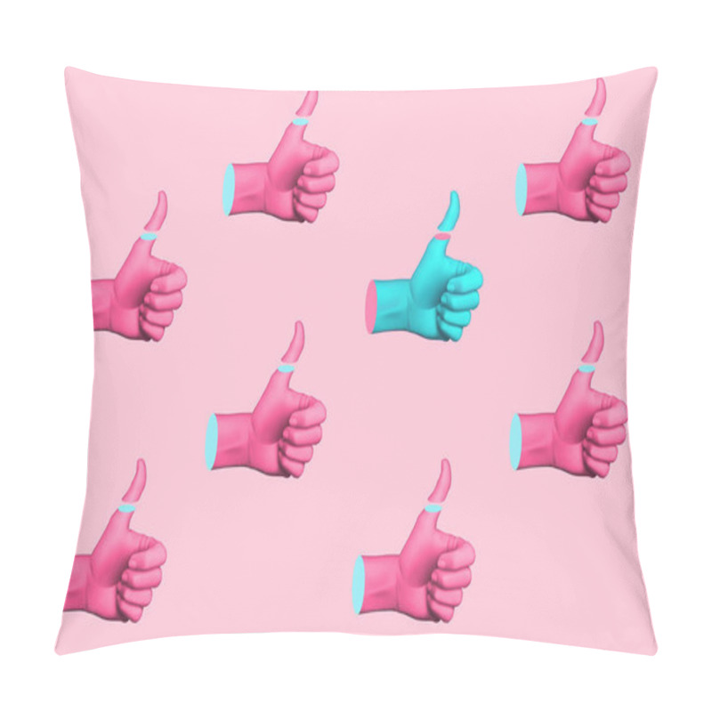 Personality  Contemporary Art Collage With Hands Showing Thumbs Up. Minimal Art, 3d Illustration. Pillow Covers