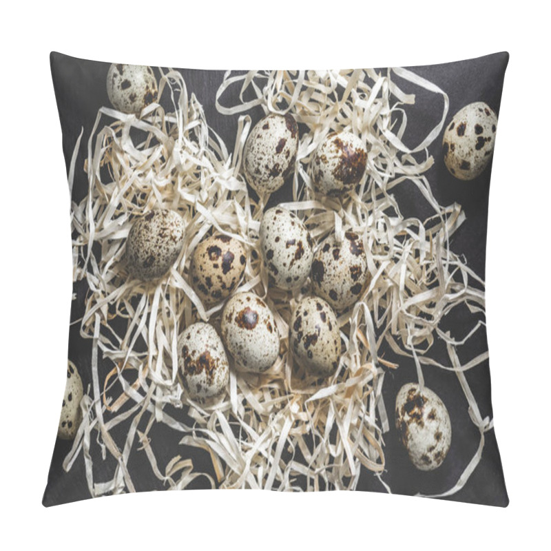 Personality  Top View Of Raw Organic Quail Eggs In Shavings On Black Pillow Covers