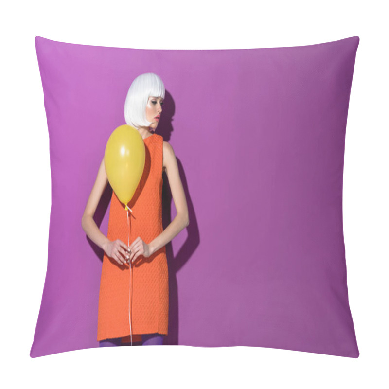 Personality  Girl In White Wig Holding Yellow Air Balloon On Purple Background Pillow Covers