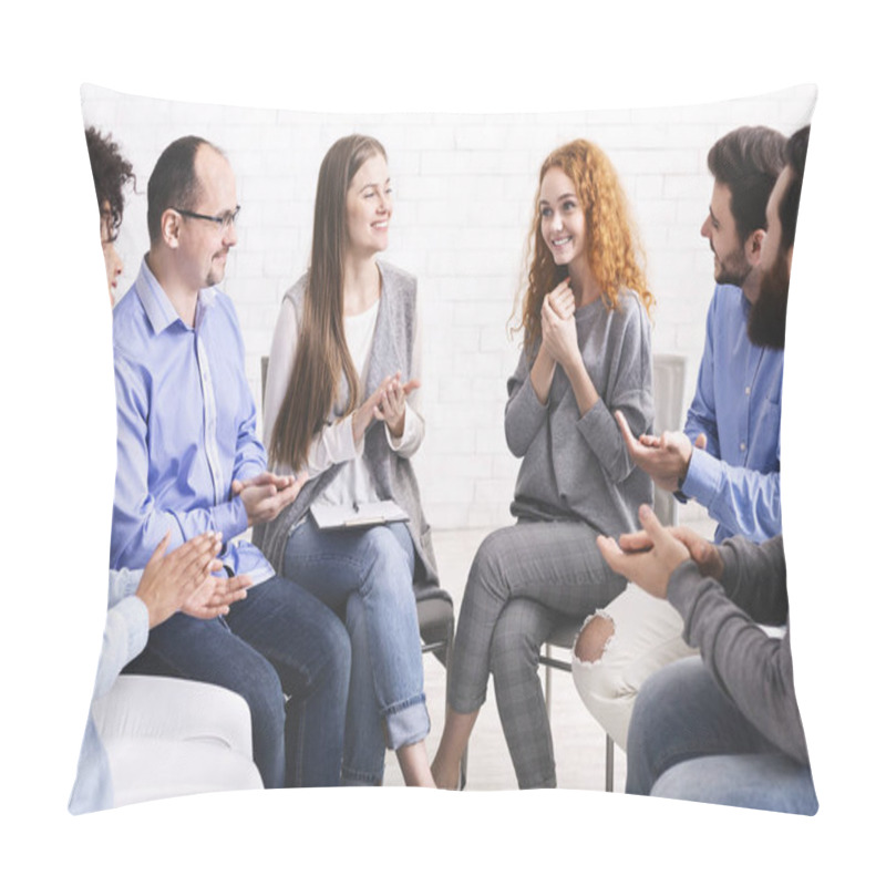 Personality  People Applauding To Young Woman At Therapy Session In Rehab Pillow Covers