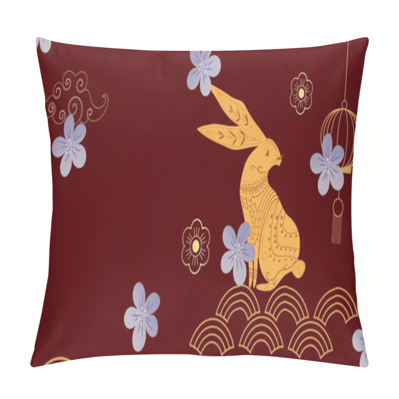 Personality  Image Of Chinese Traditional Decorations With Rabbit On Red Background. Chinese New Year, Festivity, Celebration And Tradition Concept Digitally Generated Image. Pillow Covers