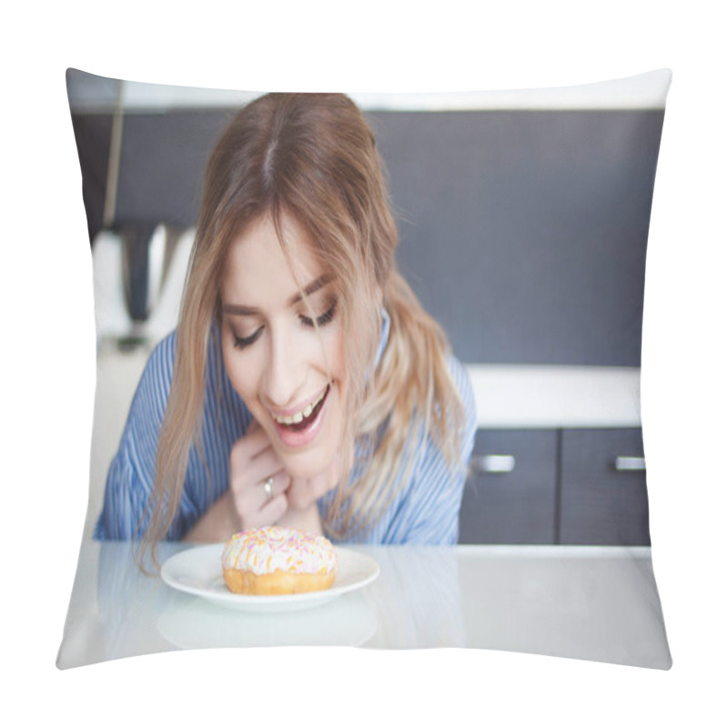 Personality  Wants To Eat Sweet Glazed Donut. Charming Young Woman In The Kitchen. Pillow Covers