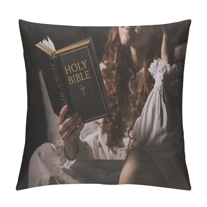 Personality  Cropped View Of Female Demon In Nightgown Reading Holy Bible On Bed Pillow Covers