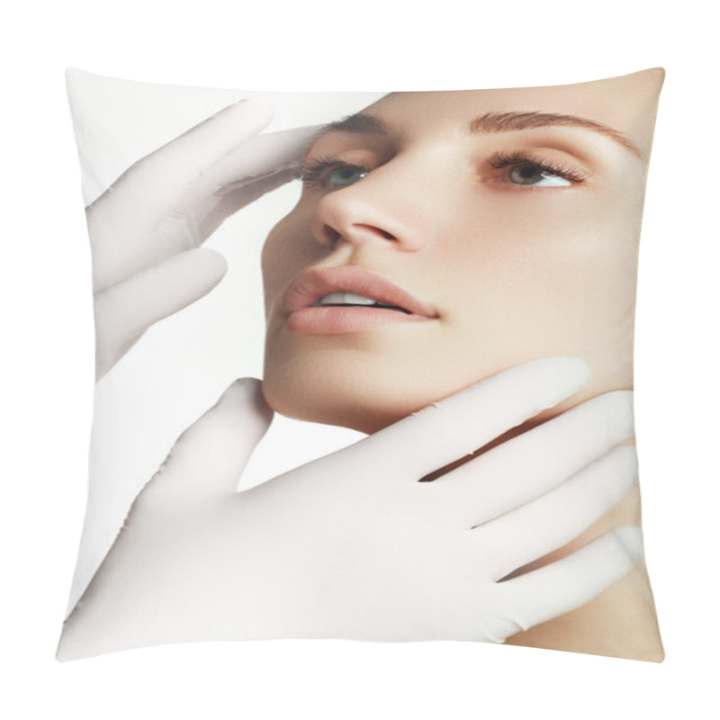 Personality  Portrait Of Young  Woman Getting Cosmetic Injection. Closeup Of Beautiful Woman Gets Injection In Her Face. Filler Injections.  Lip Augmentation. Beautiful Perfect Lips Pillow Covers