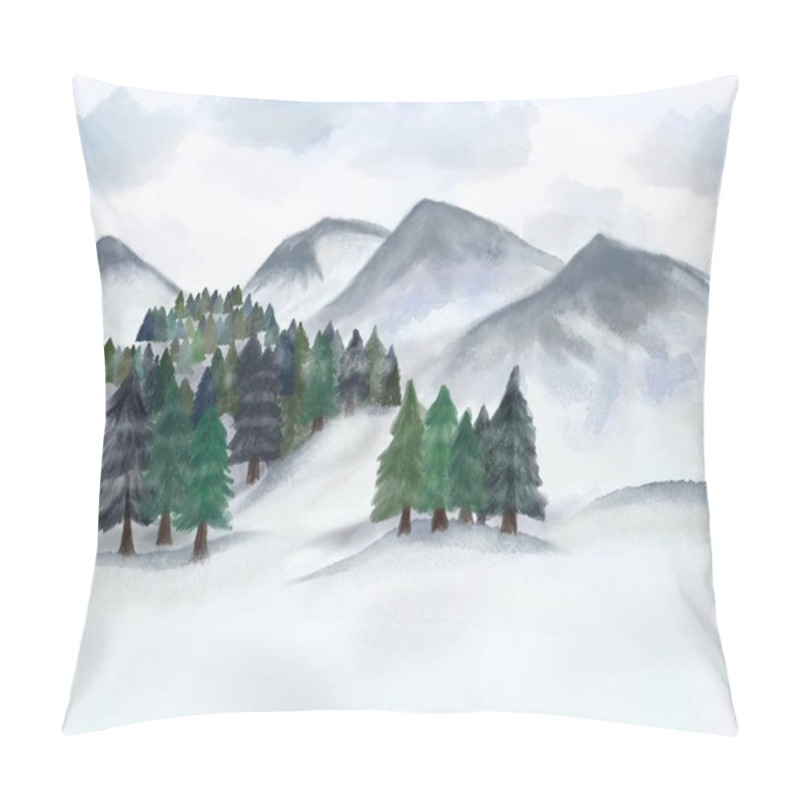 Personality  Watercolor Illustration Of Beautiful Winter Mountains With Trees. Idea For Print, Background, Cartoon, Books Pillow Covers