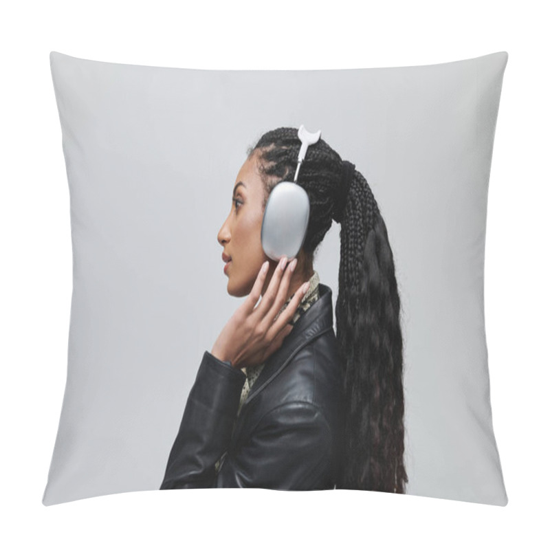 Personality  Black Leather Jacket, Animal Print Shirt, Silver Headphones- Young Black Woman Poses Against Gray Background Pillow Covers