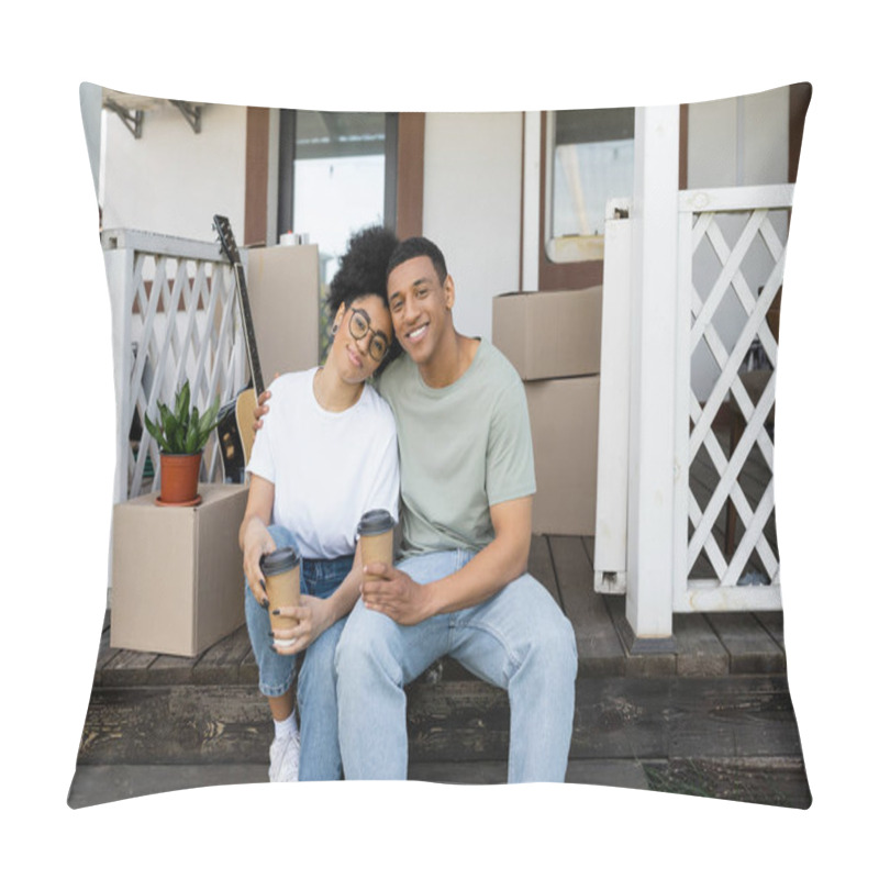 Personality  Smiling African American Couple With Coffee To Go Hugging While Sitting On Couch Of New House Pillow Covers